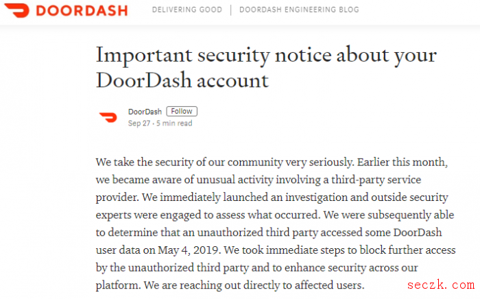 美国外卖服务DoorDash数据泄露：影响490万人