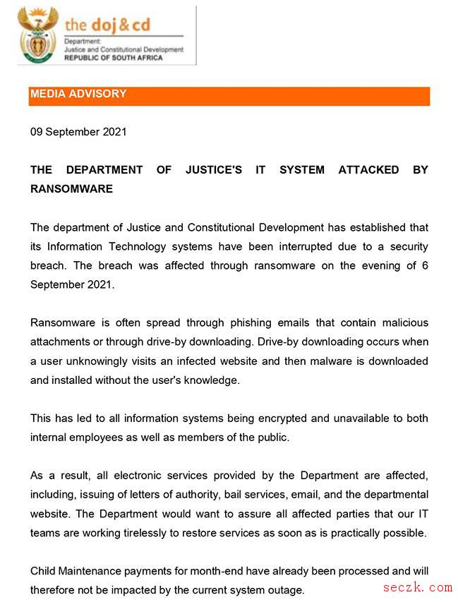 南非司法部网络系统遭到黑客攻击陷入瘫痪