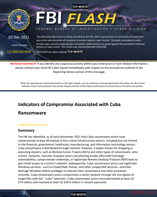 美FBI称古巴勒索软件团伙从赎金支付中赚取了4390万美元