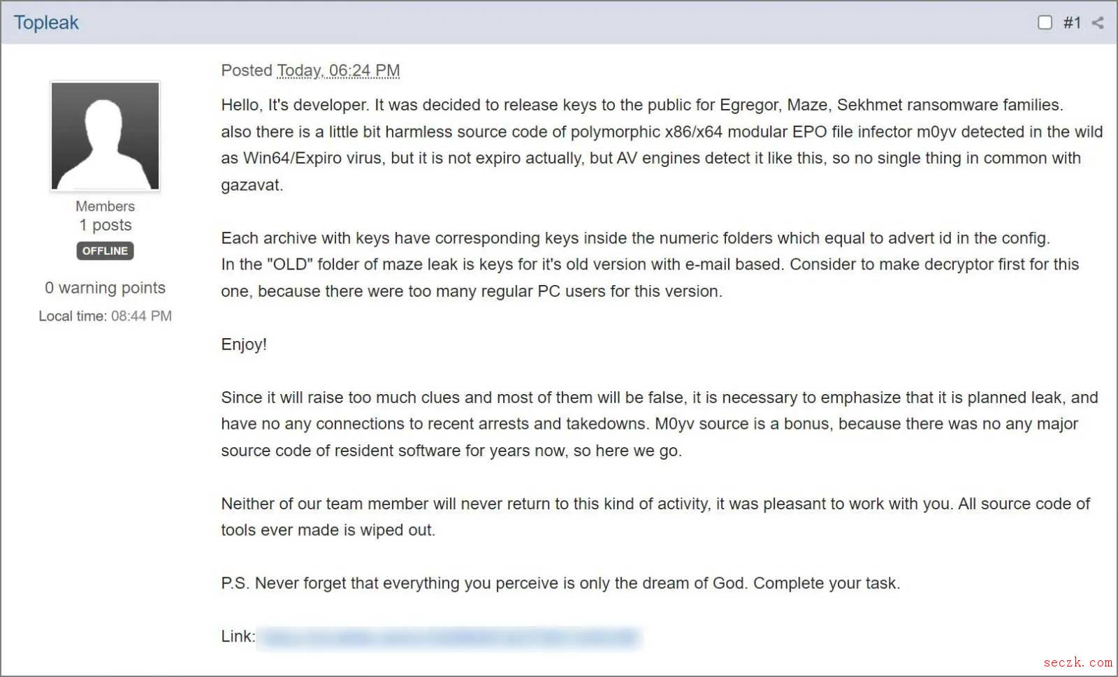 恶意软件开发者主动公开Maze/Egregor/Sekhmet解密密钥